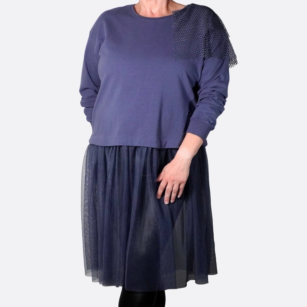 Lane Bryant Tulle Mesh Shoulder Blue Sweatshirt Dress Plus XL 1X 2X Avant Garde